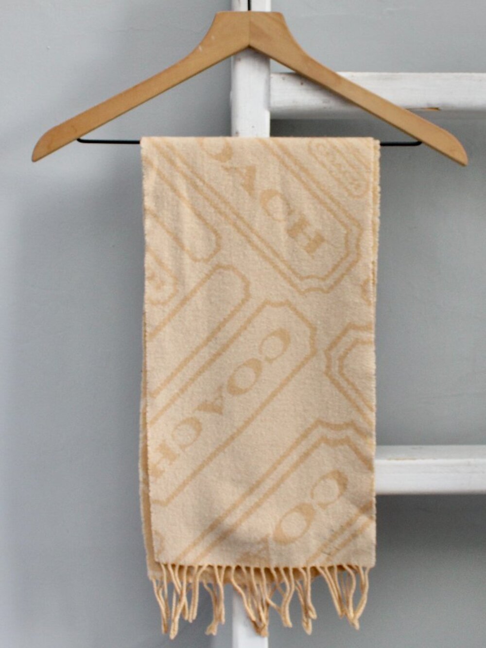 Coach Cream Beige Logo Tab Fringe Neck Scarf Wool Cashmere Unisex